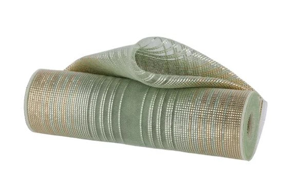 A roll of green and gold mesh material is shown against a white background.