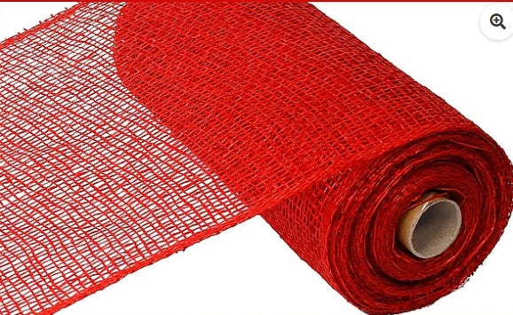 A roll of red, knitted or crocheted material is shown against a white background.