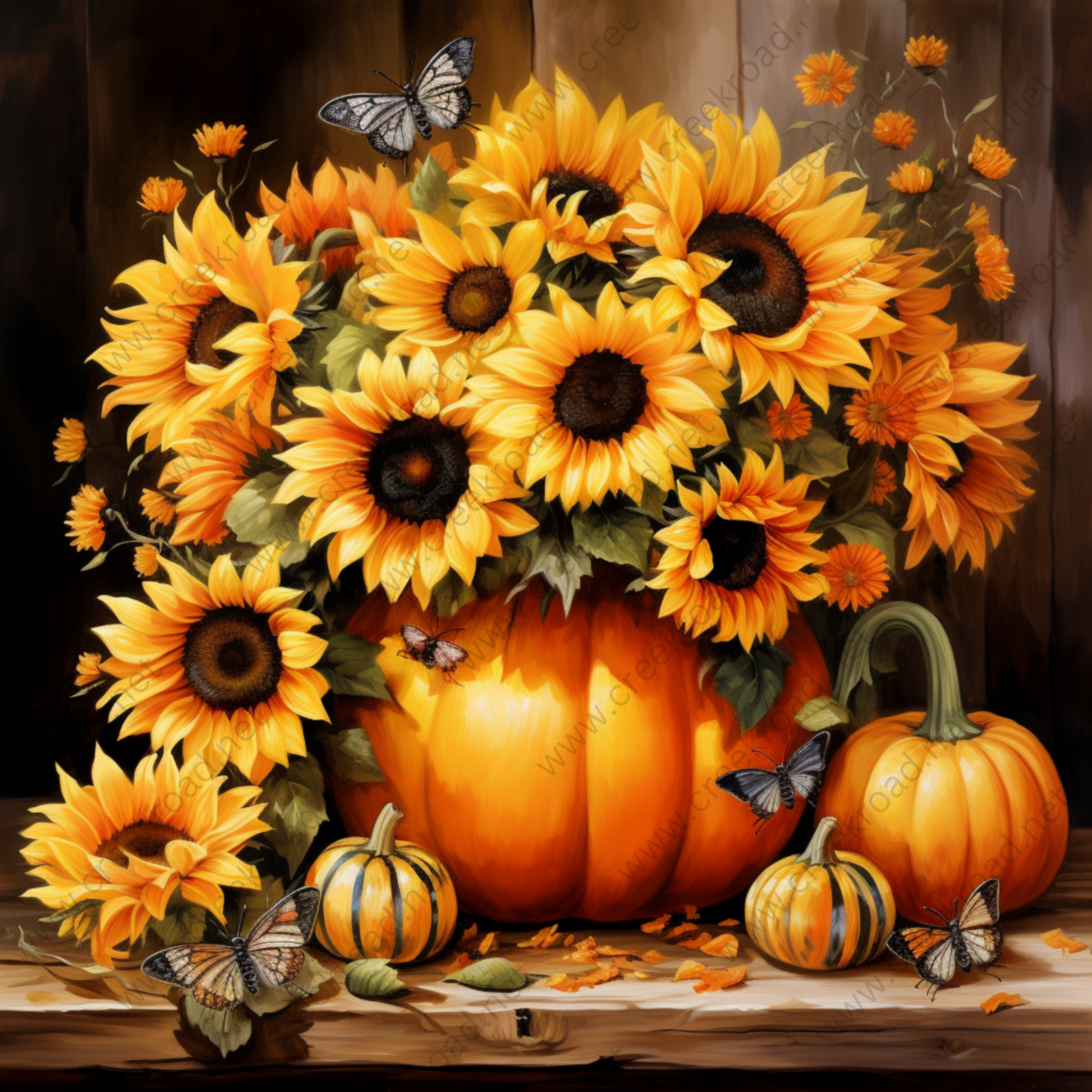 a painting of sunflowers and pumpkins on a table