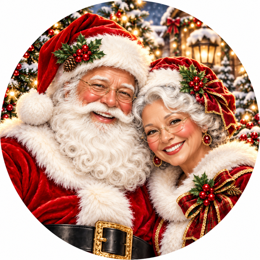 Santa Claus and his wife, Grandma, are smiling and posing together in a festive holiday setting with Christmas lights and decorations in the background.