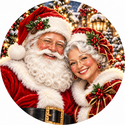 Santa Claus and his wife, Grandma, are smiling and posing together in a festive holiday setting with Christmas lights and decorations in the background.