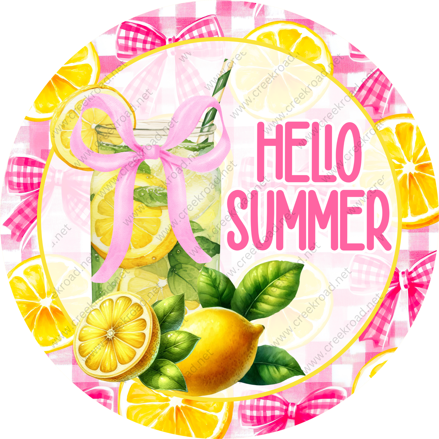 A round graphic with a jar of lemonade surrounded by lemon slices, green leaves, and a pink ribbon. The text "Hello Summer" is displayed in the center of the image.