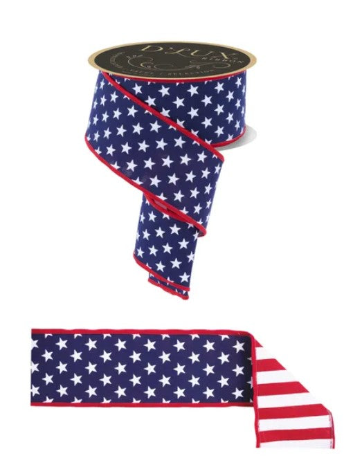 a red and blue ribbon with a white star pattern, resembling the American flag. The ribbon is displayed in two different orientations, one with the stars facing upwards and the other with the stars facing downwards.