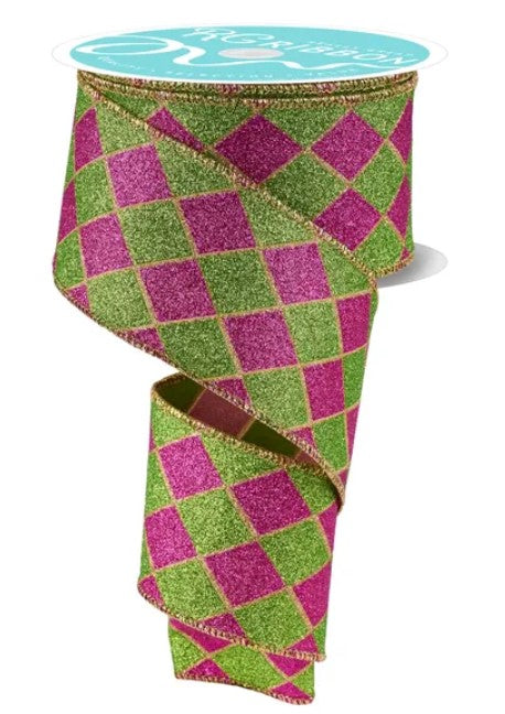 A spiral-shaped ribbon with a glittery diamond pattern in shades of green and pink.