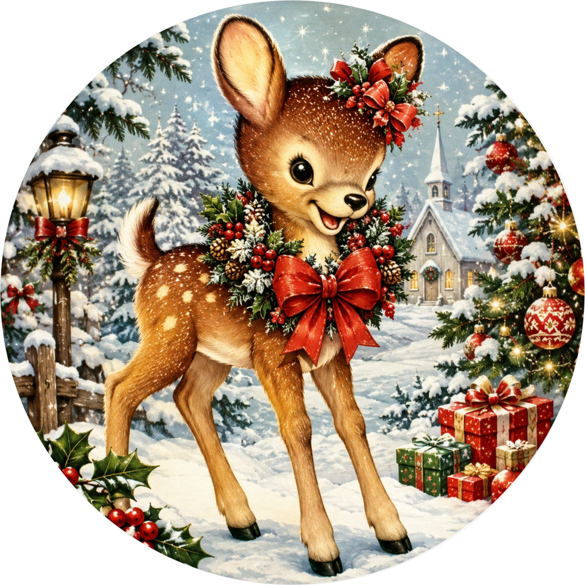 A deer wearing a red bow and surrounded by Christmas decorations, including a Christmas tree, presents, and a lamppost, against a snowy winter landscape.