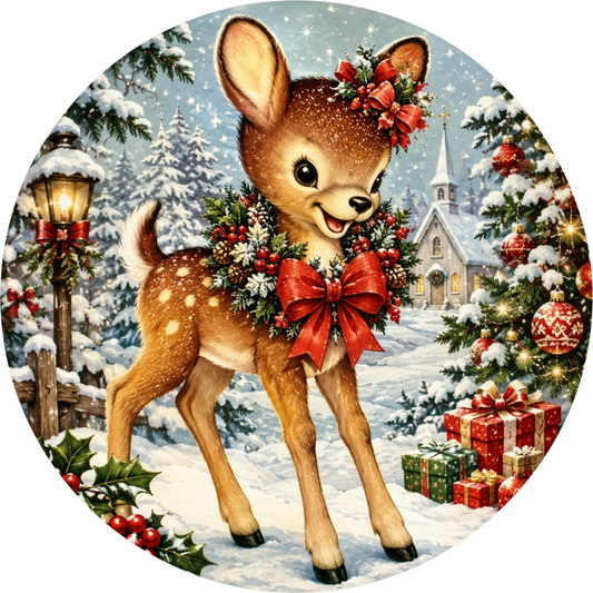 A deer wearing a red bow and surrounded by Christmas decorations, including a Christmas tree, presents, and a lamppost, against a snowy winter landscape.