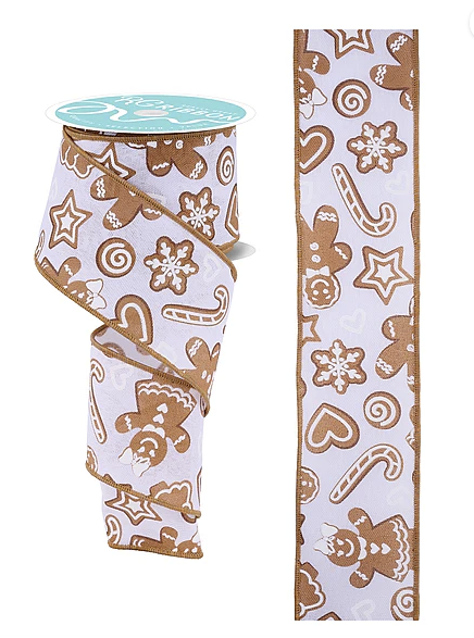 two rolls of ribbon with a festive gingerbread man and snowflake pattern.