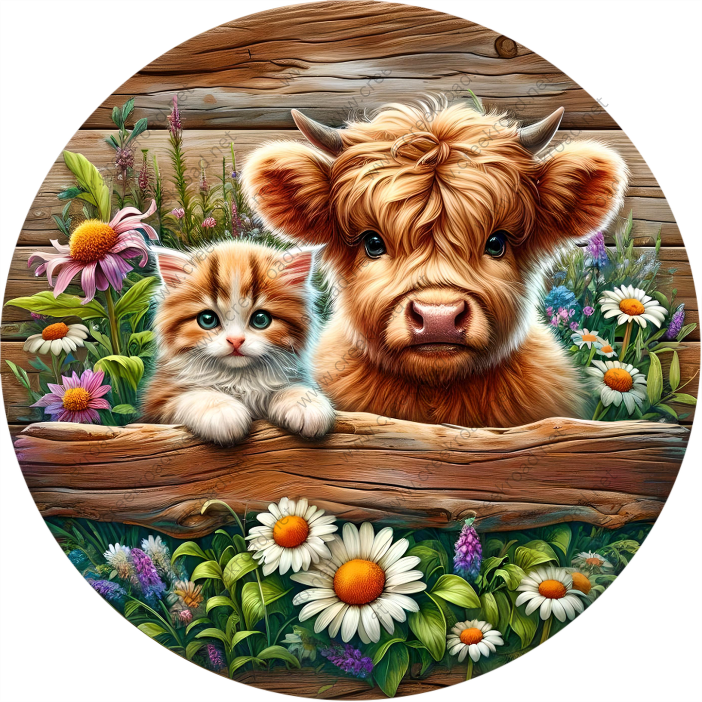 A brown cow and a small orange and white cat are sitting together on a wooden fence, surrounded by colorful flowers and lush greenery.