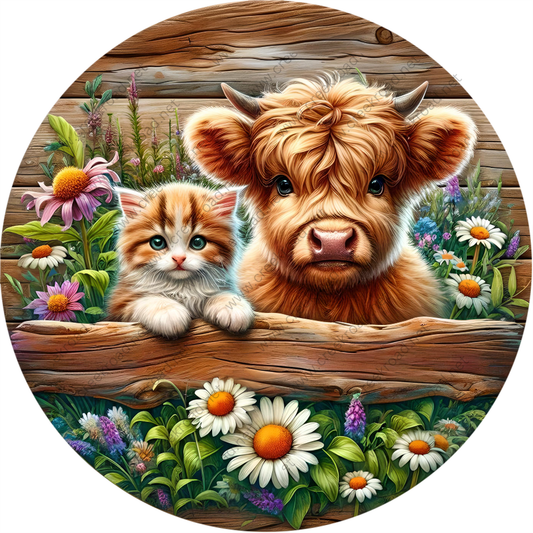 A brown cow and a small orange and white cat are sitting together on a wooden fence, surrounded by colorful flowers and lush greenery.