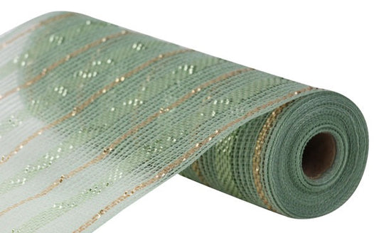 a roll of green mesh with gold stripes