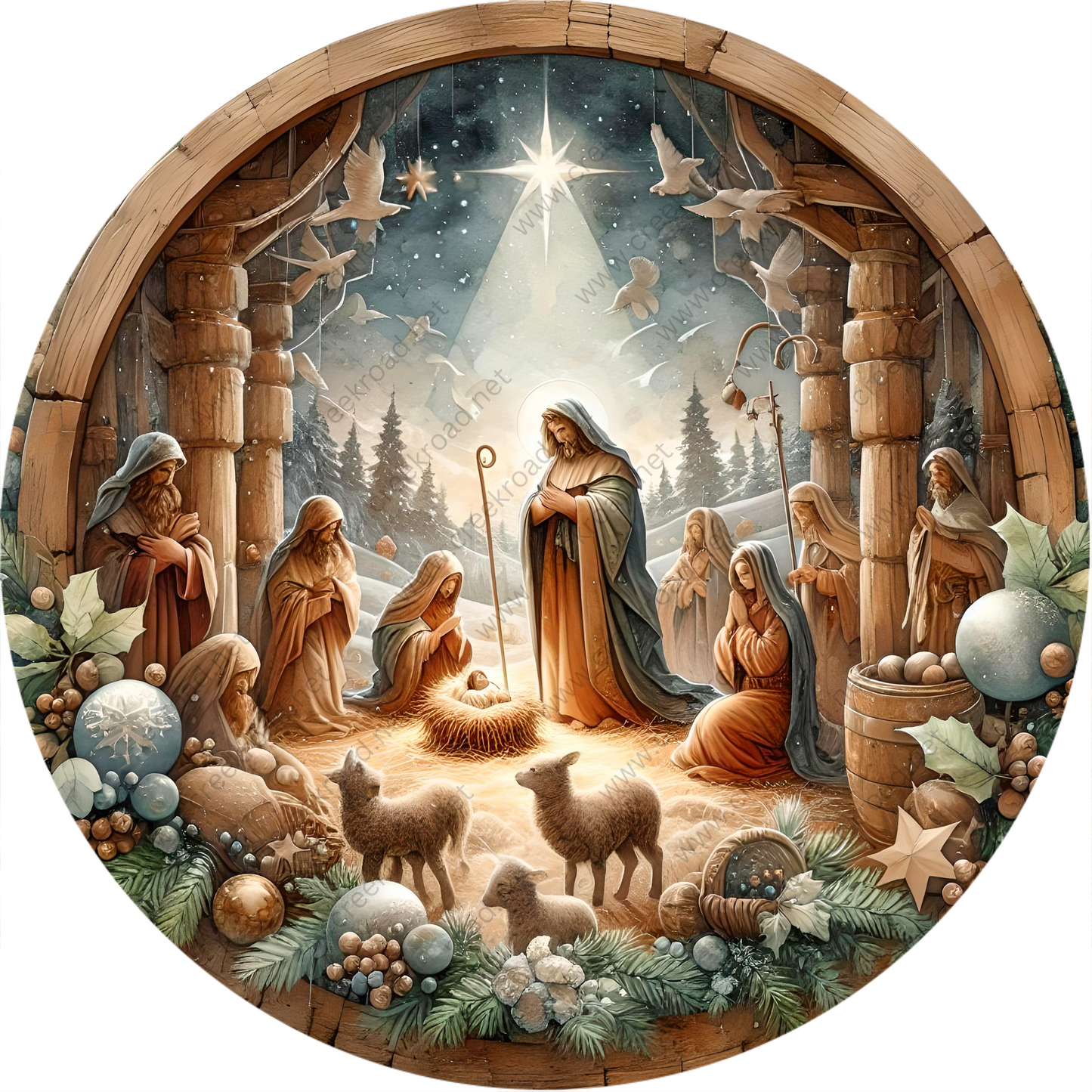 a painting of a nativity scene with a star above it