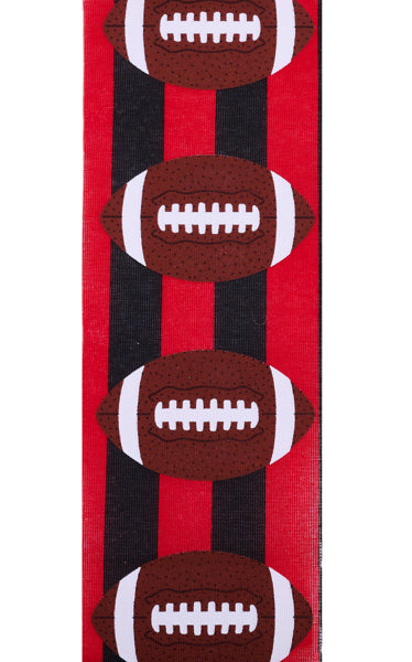 three footballs on a red and black striped background