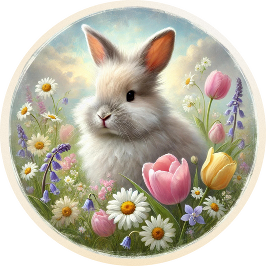 a painting of a rabbit in a field of flowers