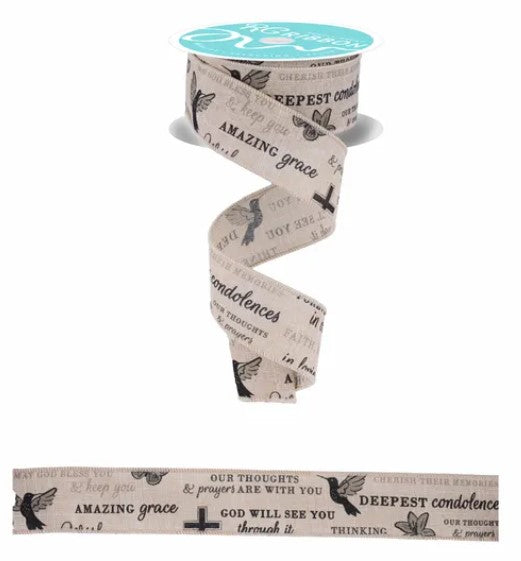 a ribbon with a repeating pattern of the words "Amazing grace" and "Our thoughts & prayers are with you" printed on it.