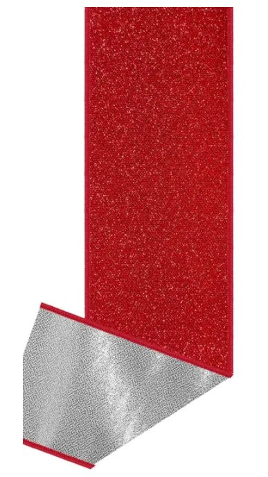 a red, glittery, and metallic surface, possibly a ribbon or a decorative element, with a silver or metallic texture.