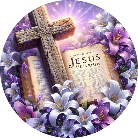 a cross surrounded by a book of the Bible and purple lilies, with the text "He is risen" visible on the book.