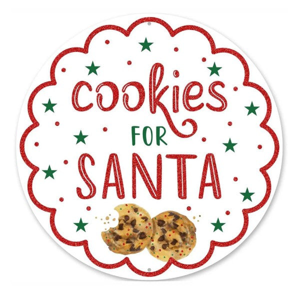 a round sign with the text "cookies for santa" written in a decorative font, surrounded by green stars and red dots.