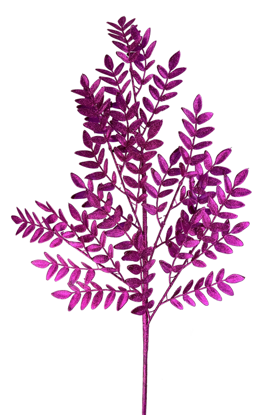 A vibrant purple artificial plant with numerous small leaves, creating a striking and eye-catching visual effect against a dark background.