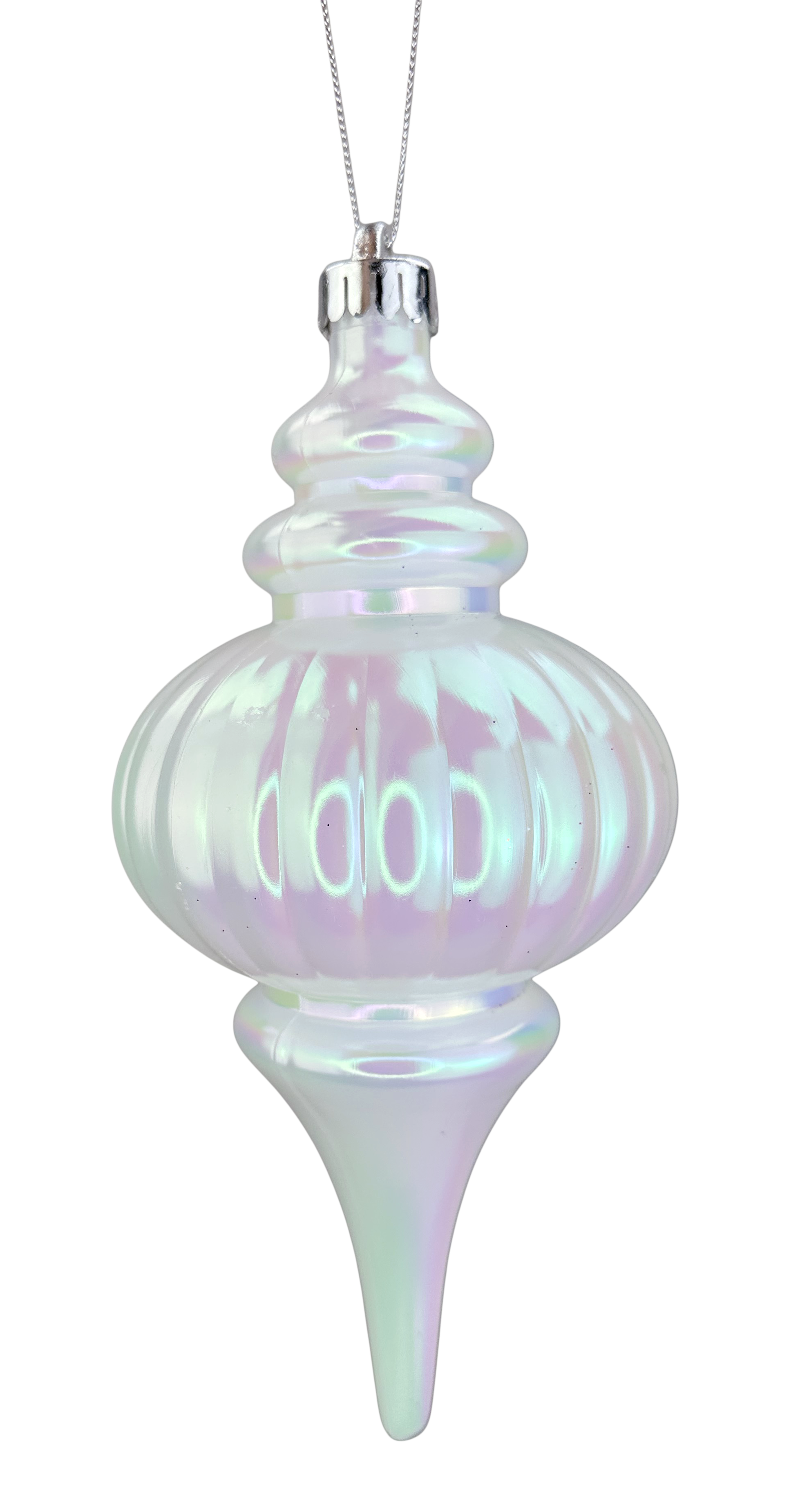 A decorative glass ornament with a pointed finial and a round body, hanging from a string.