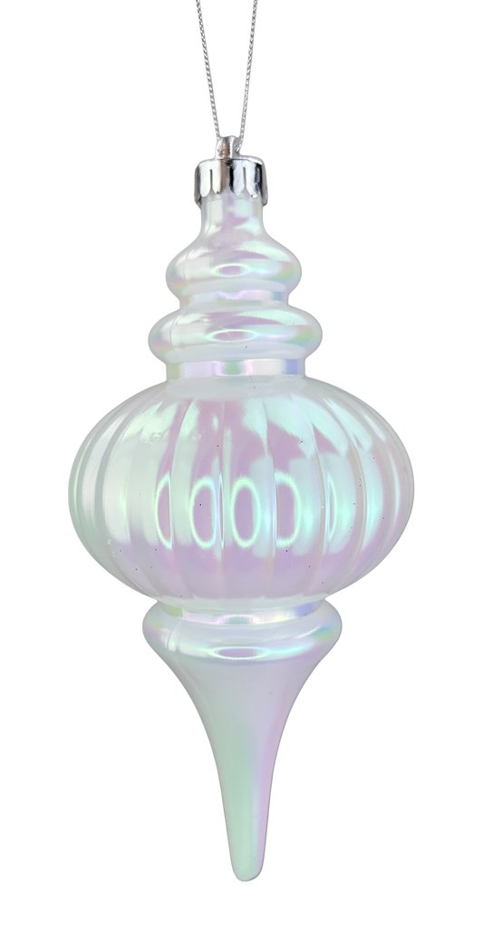 A decorative glass ornament with a pointed finial and a round body, hanging from a string.