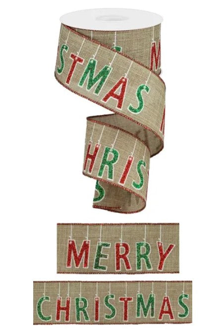 a Christmas-themed burlap ribbon with the text "Merry Christmas" printed on it.