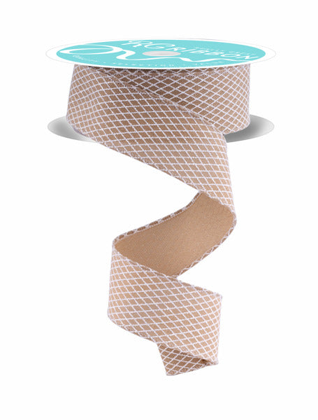 A roll of beige mesh ribbon with a turquoise label, featuring a spiral pattern.