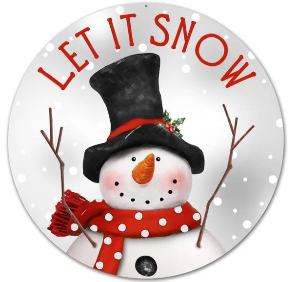 A snowman wearing a black top hat and a red scarf, with the text "LET IT SNOW" written above it.