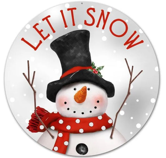 A snowman wearing a black top hat and a red scarf, with the text "LET IT SNOW" written above it.