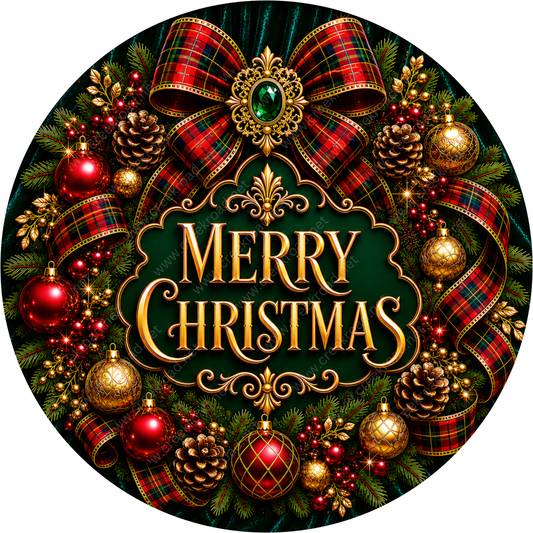 A festive Christmas wreath adorned with red and gold ornaments, pine cones, ribbons, and a large red bow. The wreath is surrounded by greenery and the text "Merry Christmas" is prominently displayed in the center.