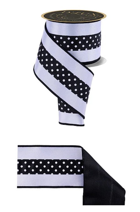 a black and white polka dot ribbon with a black and white striped pattern.