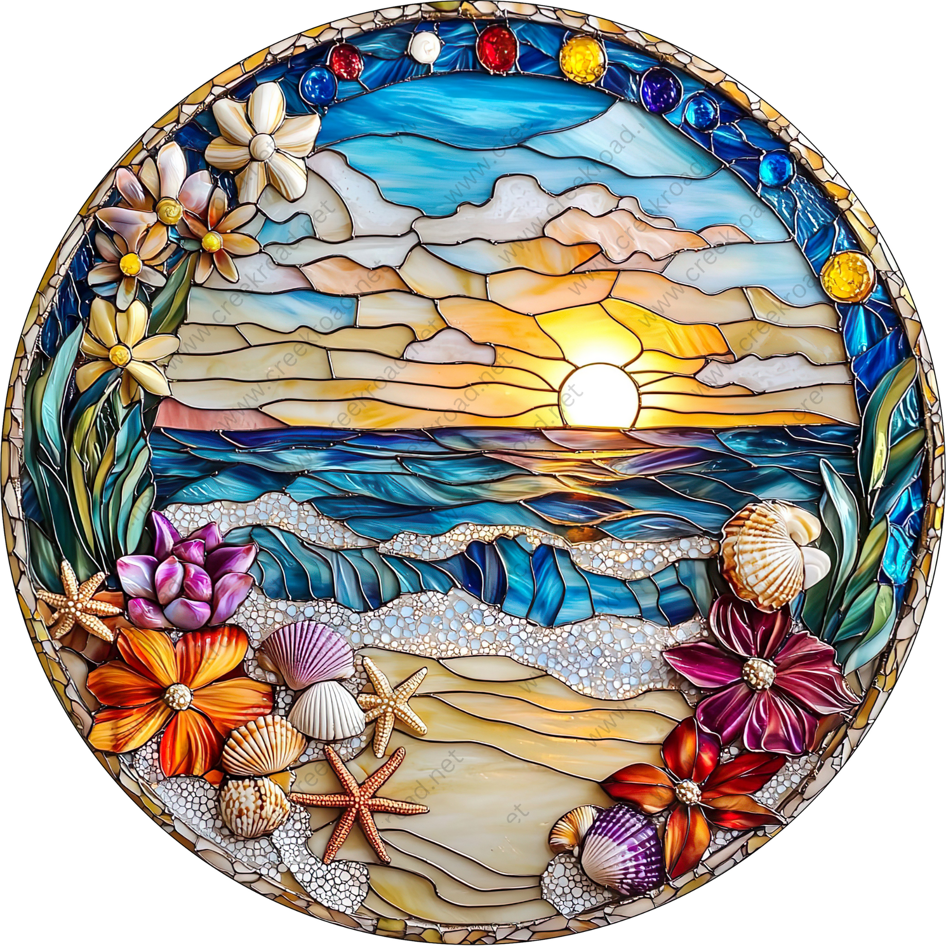 a stained glass picture of a beach scene
