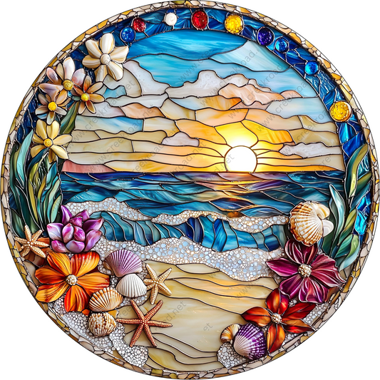a stained glass picture of a beach scene