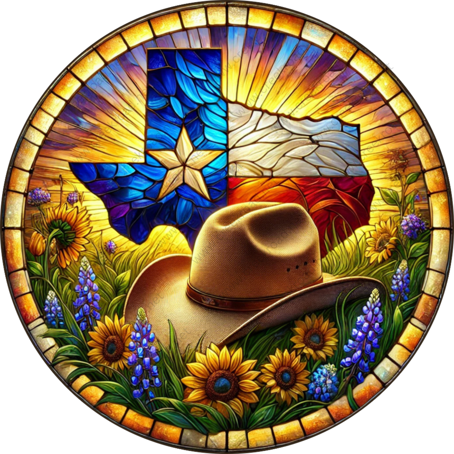 A cowboy hat rests on a field of sunflowers and blue flowers, surrounded by a vibrant stained glass-like border.