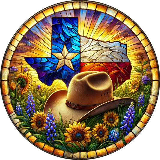 A cowboy hat rests on a field of sunflowers and blue flowers, surrounded by a vibrant stained glass-like border.