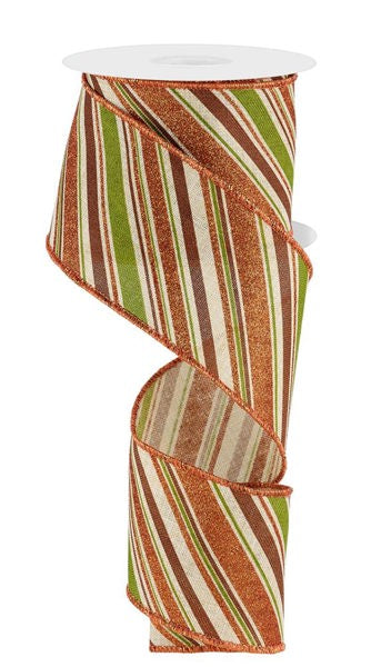 a roll of orange and green striped ribbon