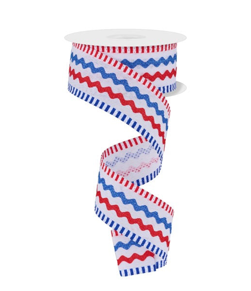 A spiral-shaped ribbon with a repeating pattern of red, white, and blue stripes.