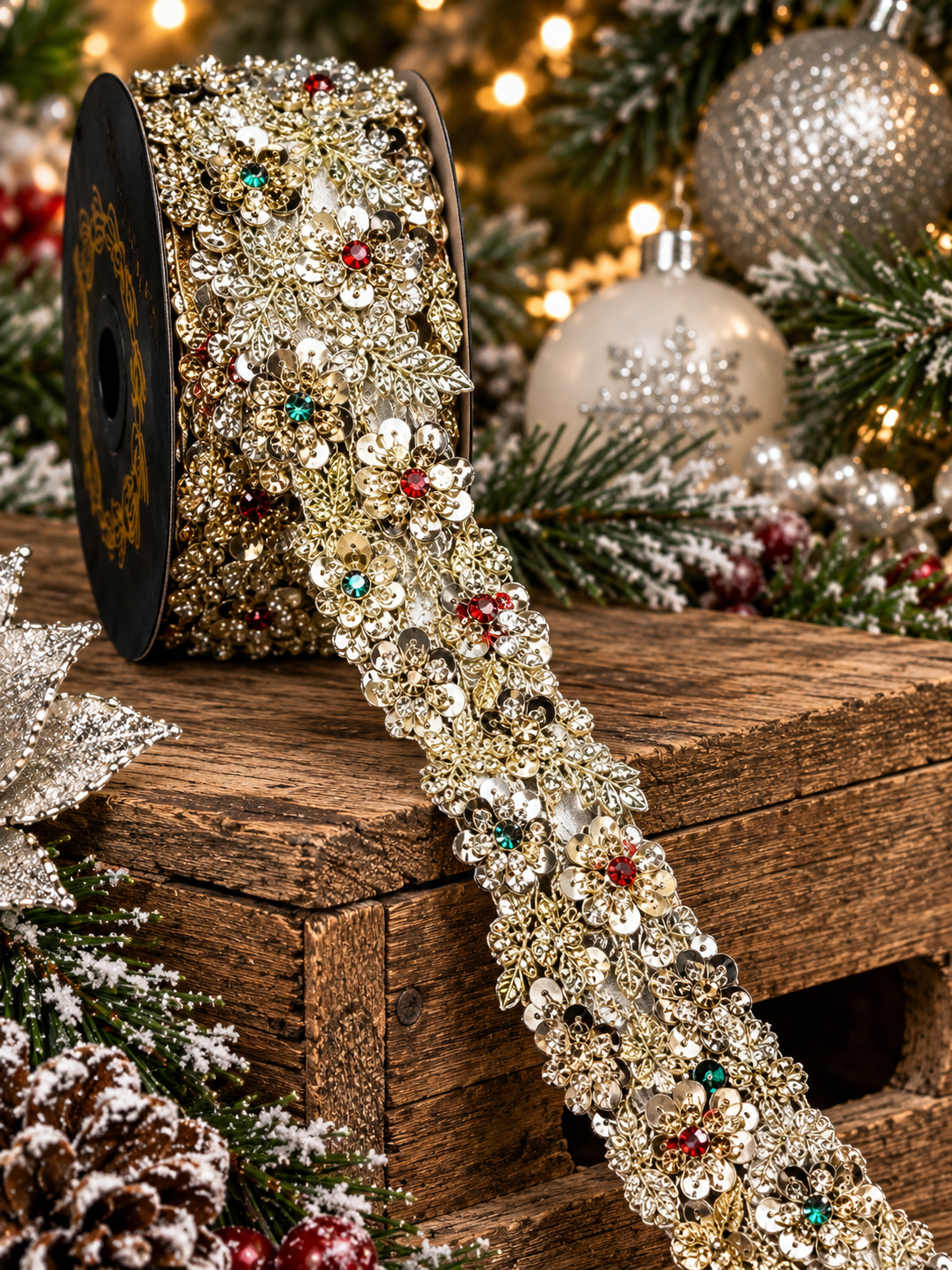 A decorative ribbon with gold and silver embellishments, including rhinestones and crystals, is displayed on a wooden crate, surrounded by Christmas decorations such as ornaments and pine branches.
