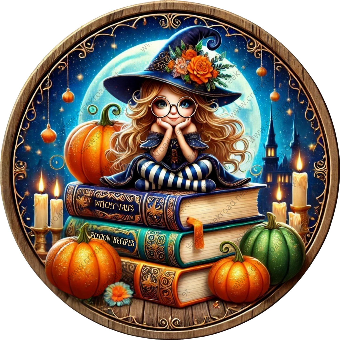 a painting of a witch sitting on a pile of books