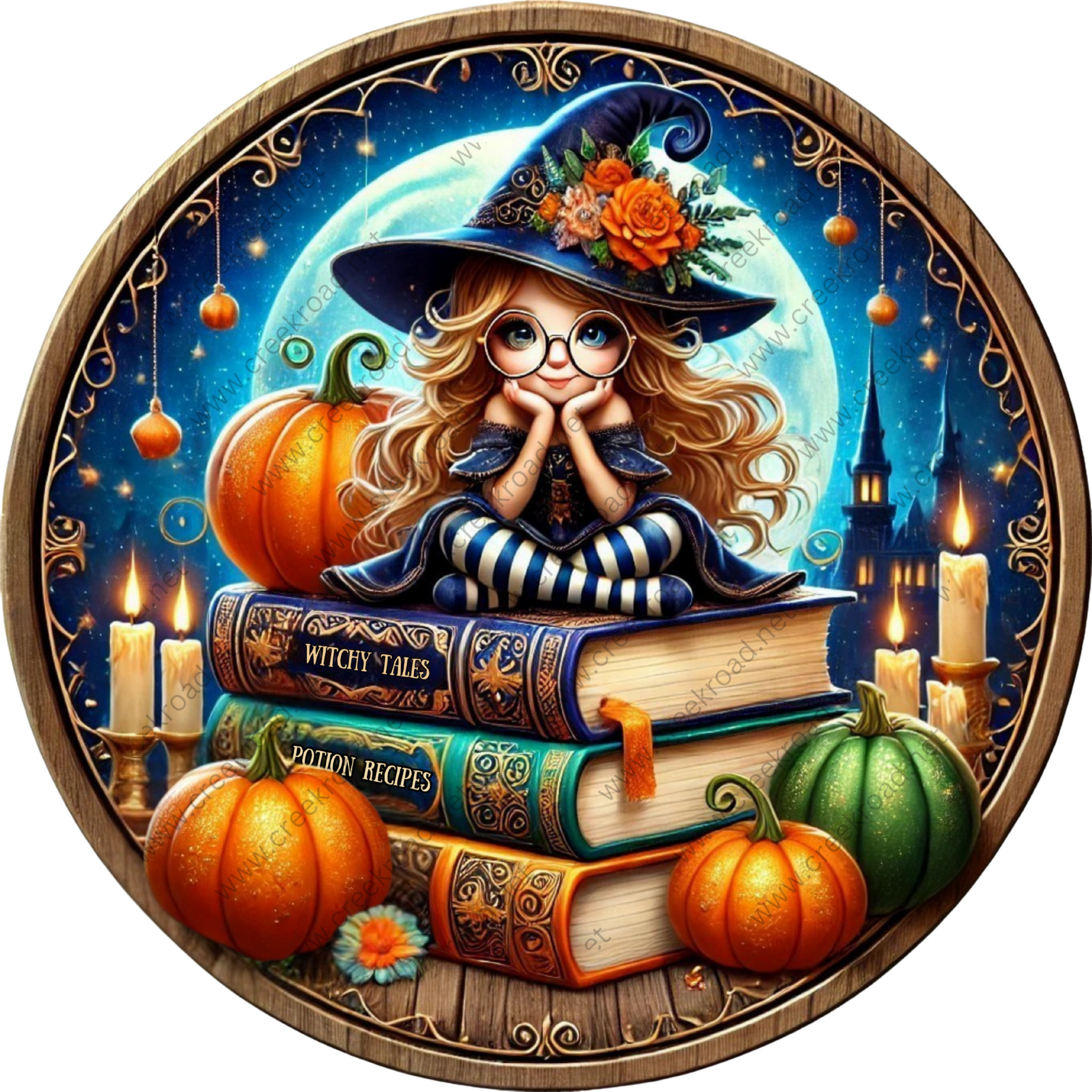 a painting of a witch sitting on a pile of books