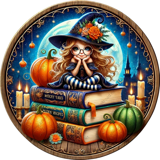 a painting of a witch sitting on a pile of books