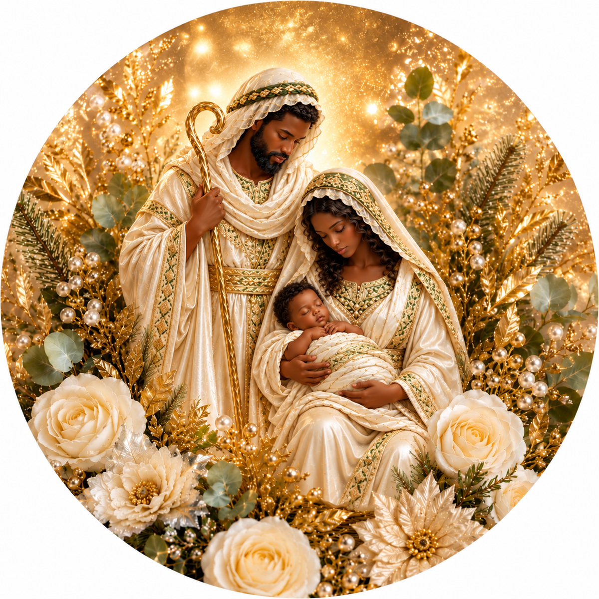 A religious nativity scene depicting the Holy Family of Jesus, Mary, and Joseph, surrounded by flowers and greenery.