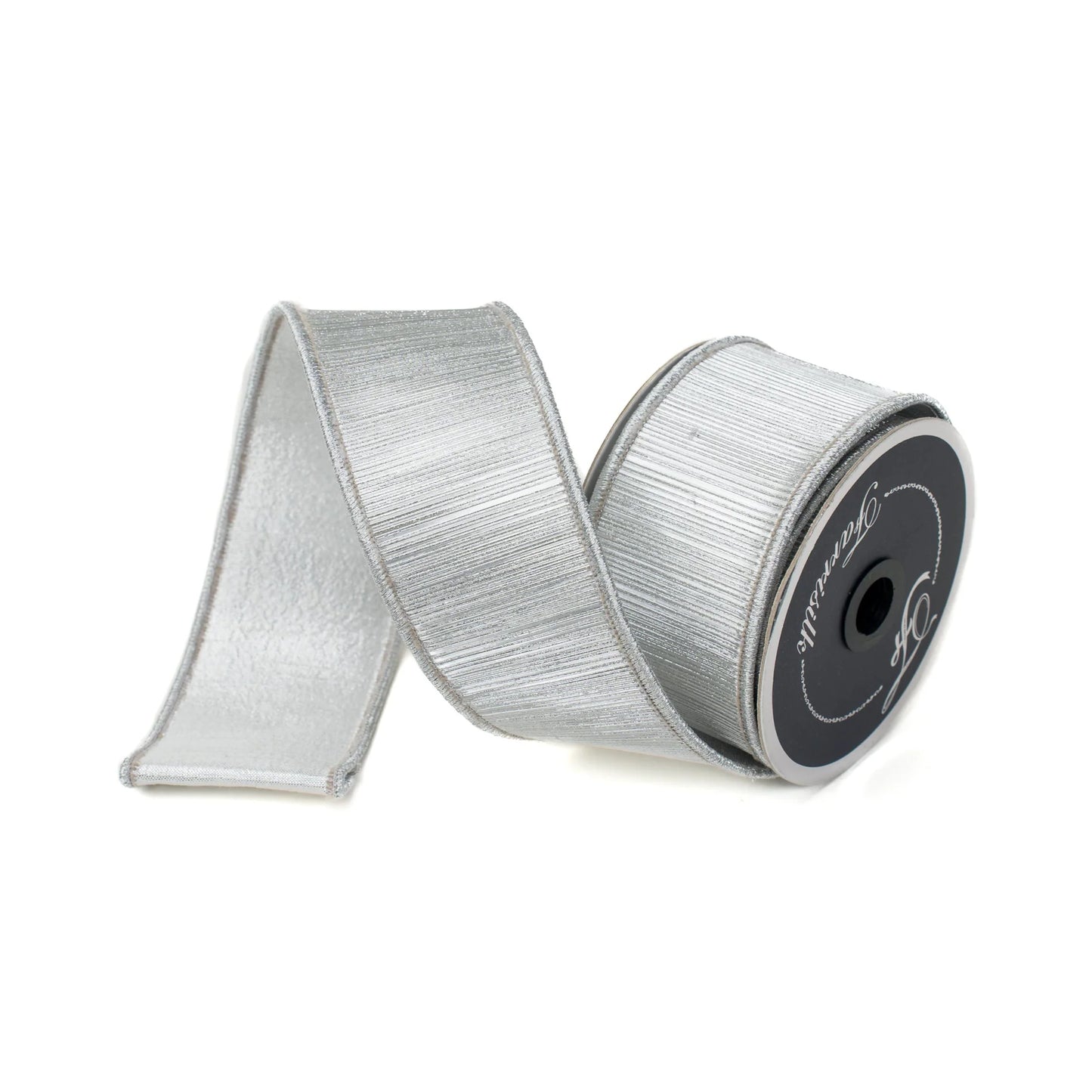 A silver ribbon is shown against a white background.