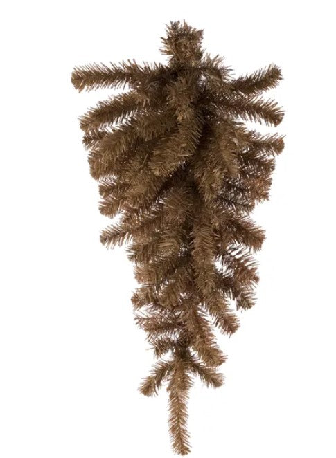 A brown pine tree branch with numerous small needles.