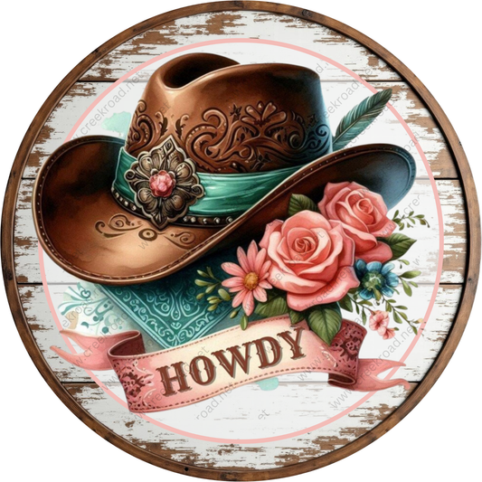 A brown cowboy hat adorned with a floral band and a banner that reads "HOWDY" is displayed against a wooden background.
