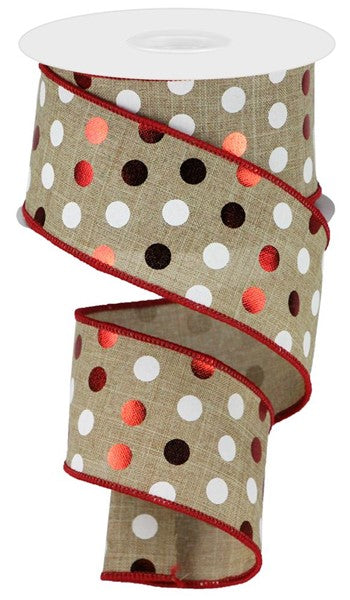 a roll of brown and white polka dot ribbon