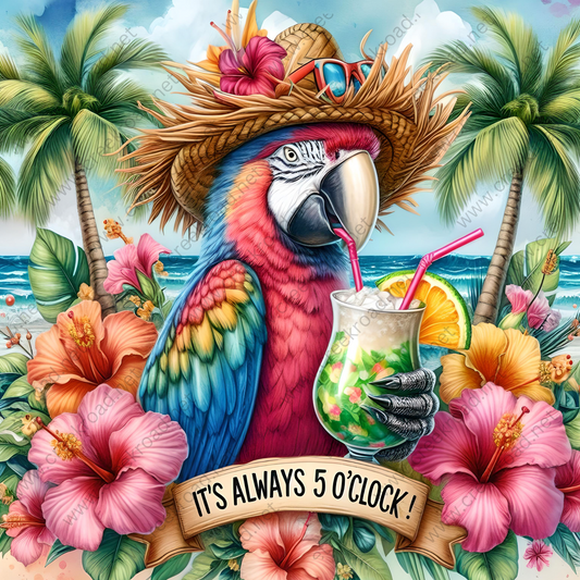 a parrot with a straw hat drinking a drink