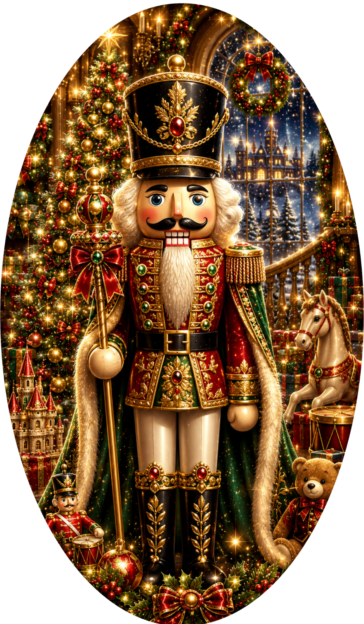 A nutcracker figure wearing a red and gold outfit stands in front of a Christmas tree, with a castle visible in the background.