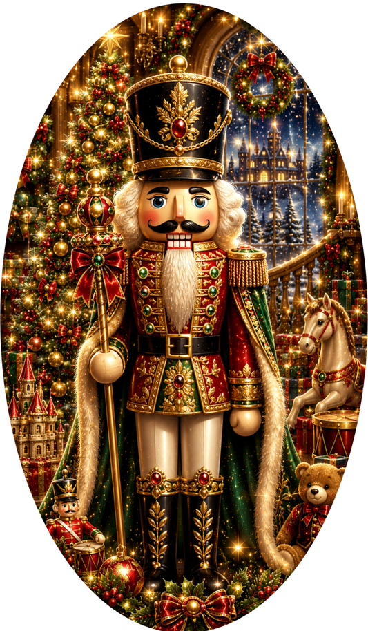 A nutcracker figure wearing a red and gold outfit stands in front of a Christmas tree, with a castle visible in the background.