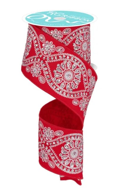 A red and white patterned ribbon with a teal circular label on top.