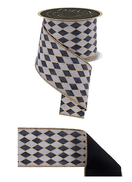 a decorative black and white diamond pattern ribbon with gold trim.